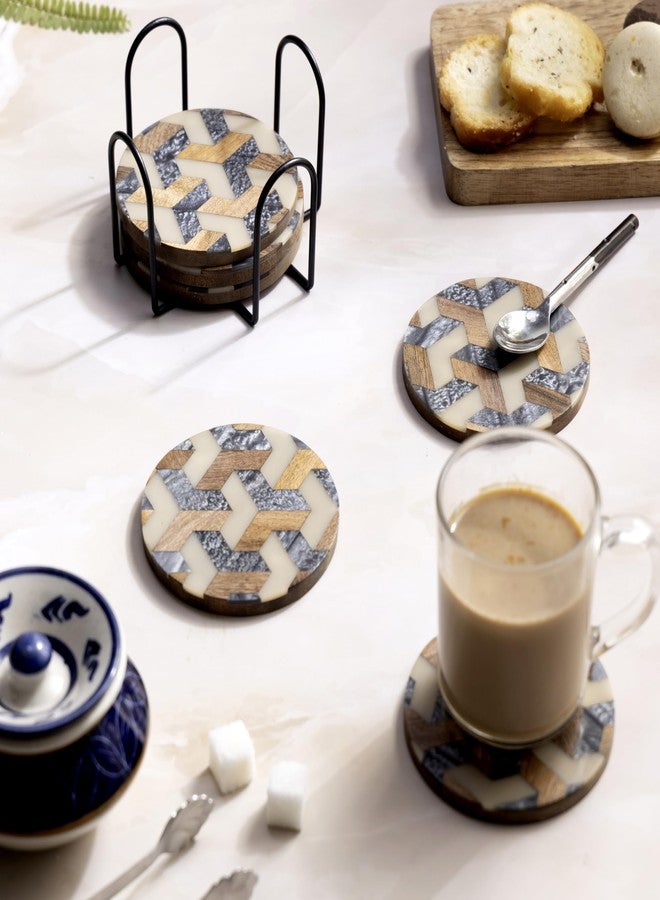 DULI مجموعة قواعد أكواب دائرية من الراتنج المرصع من DULI، 6 قطع مع حامل - قواعد أكواب للبار والنبيذ - مجموعة من 6 قواعد أكواب أنيقة وعصرية مصنوعة يدويًا من حجر الرخام مع حامل (قواعد أكواب مرصعة مع حامل: على شكل خلية نحل) - Image 1